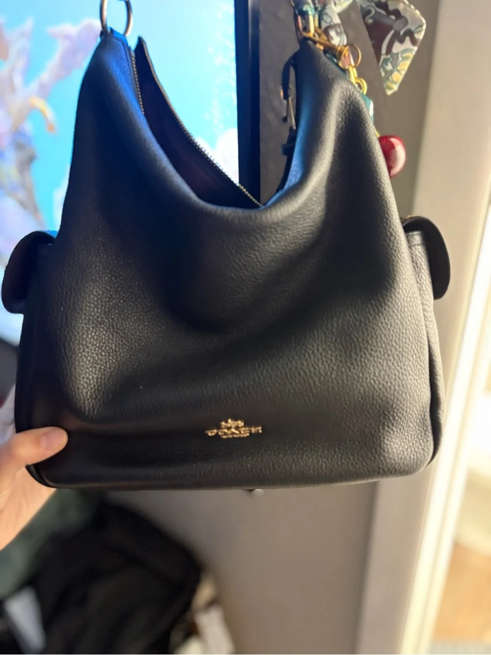 Coach Black Pebbled Leather Shoulder Hobo with Floral Scarf Accent